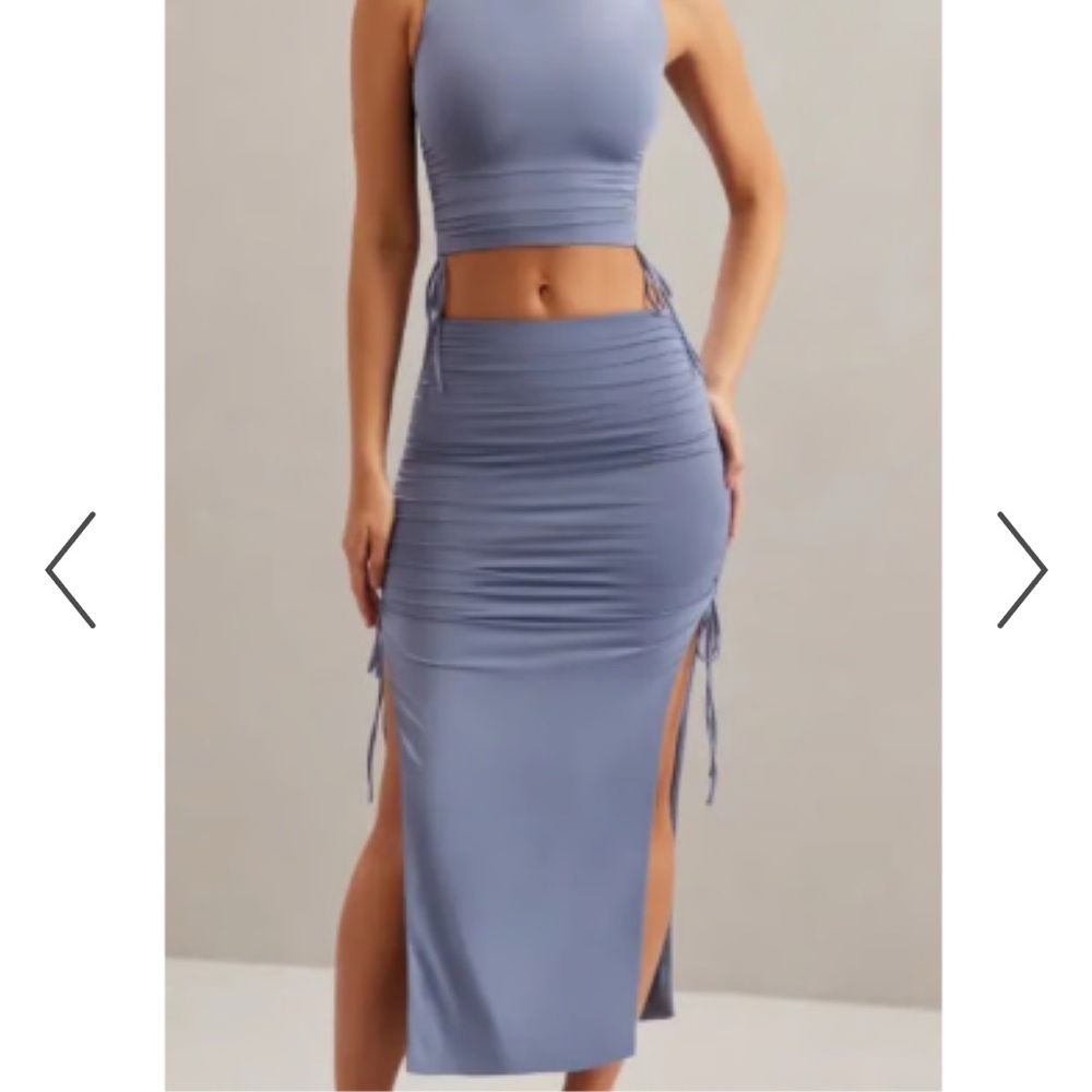 Oh Polly Blue Cinched Side Midi Skirt